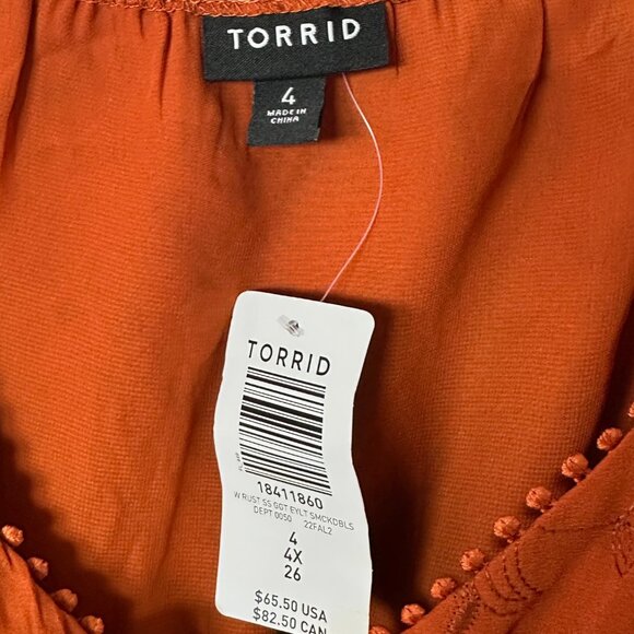 Torrid Georgette Eyelet Smoked Waist Puff Sleeve Cinnamon Brown Size 4 (26) NEW - Picture 7 of 8